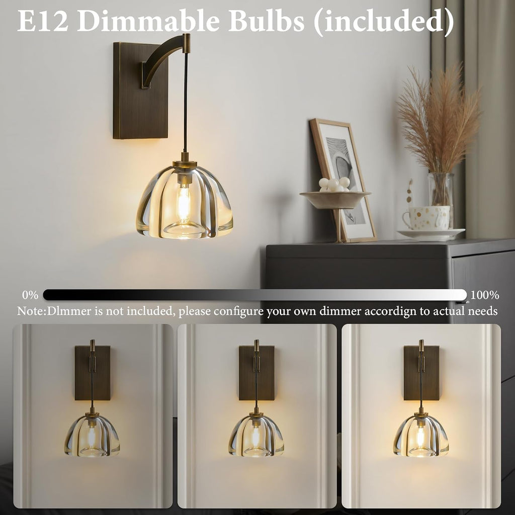 Crystal Brass Dome Wall Sconce - Luxury Antique Brushed Lighting Fixture with K9 Crystals Cloche - Set of 2 Modern Gold Sconces - Dimmable Indoor Hanging Light for Bathroom Bedroom Living Room Stair