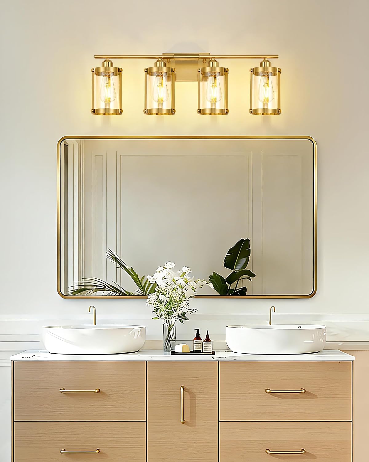4-Light Brushed Gold Bathroom Light Fixtures with Clear Glass and Metal Cage, 29 Inch Modern Brass Vanity Lighting Over Mirror Wall Sconce Lights for Bath, E26, Rust-Proof, OS-3014BG-4W