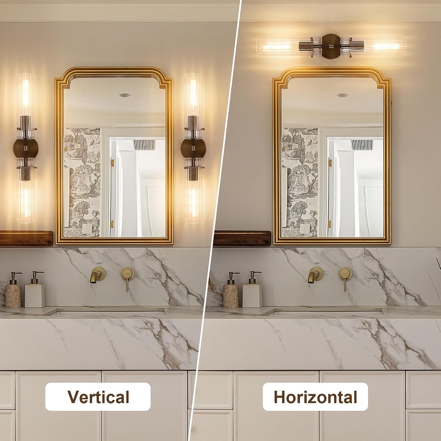 Brass Bronze 2-Light Knurled Wall Sconce, Dual-Head Vanity Lamp with Vertical Striped Glass Tube, Bathroom Wall Sconces, Wall Lights for Living Room Bedroom Hallway Kitchen Bathroom Mirror