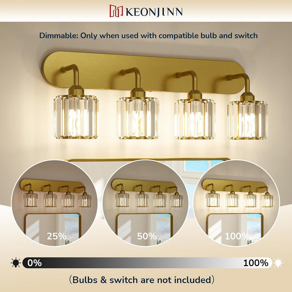 Keonjinn 4-Light Bathroom Light Fixtures, Crystal Gold Bathroom Vanity Lights Over Mirror, Vanity Lighting Fixtures with Crystal Square Shades (E26 Socket, Exclude Bulb)