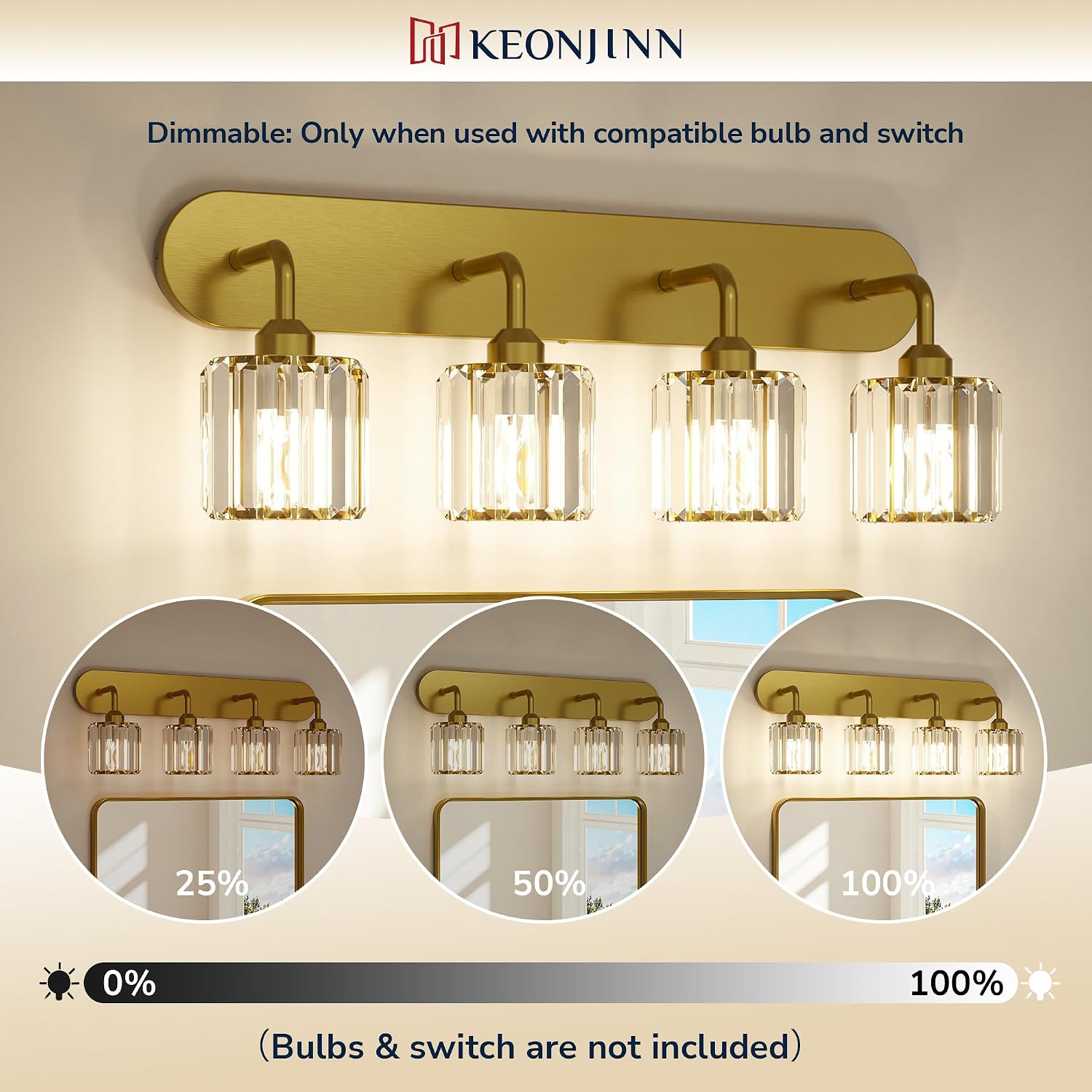 Keonjinn 4-Light Bathroom Light Fixtures, Crystal Gold Bathroom Vanity Lights Over Mirror, Vanity Lighting Fixtures with Crystal Square Shades (E26 Socket, Exclude Bulb)