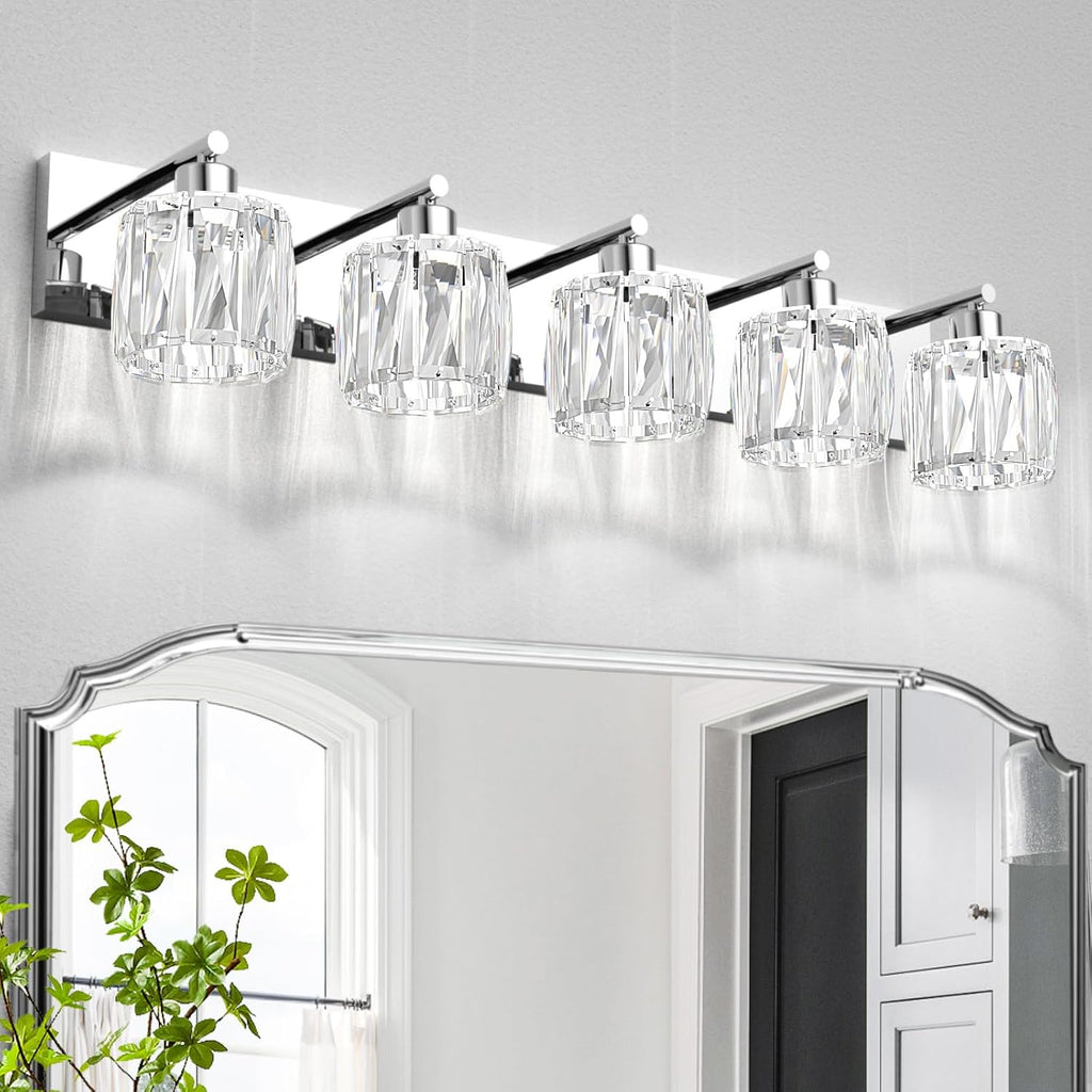 VOLISUN Crystal Vanity Lights for Bathroom, 5 Light Modern Stainless Steel Bathroom Light Fixtures Over Mirror, Chrome with Glass Lampshade - UL Certificated (Exclude Bulb)