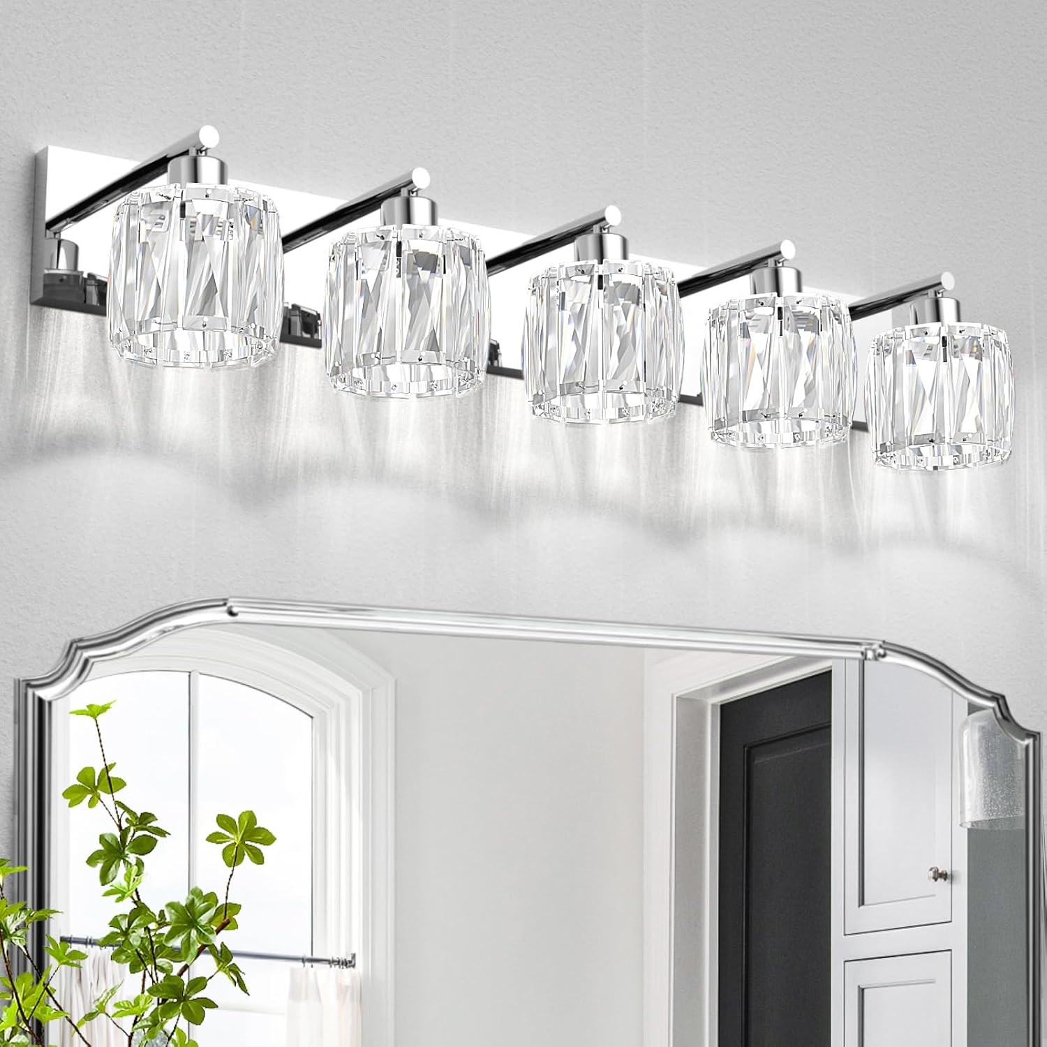 VOLISUN Crystal Vanity Lights for Bathroom, 5 Light Modern Stainless Steel Bathroom Light Fixtures Over Mirror, Chrome with Glass Lampshade - UL Certificated (Exclude Bulb)