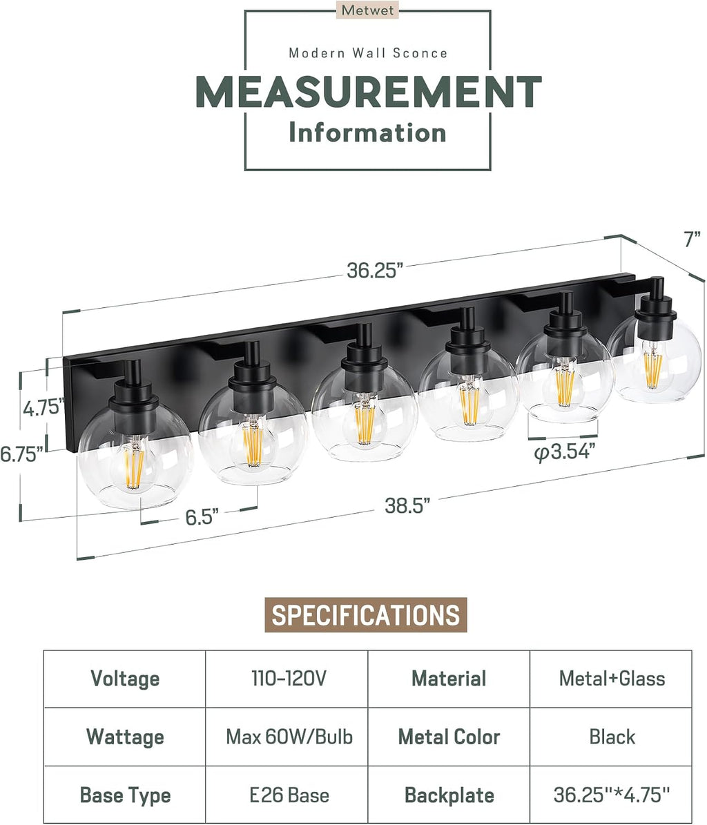 Bathroom Light Fixtures, 6 Light Matte Black Vanity Light, 38 Inch Modern Wall Sconces with Globe Clear Glass Shade, Vanity Lighting Fixtures Over Mirror, VL195-MB-6