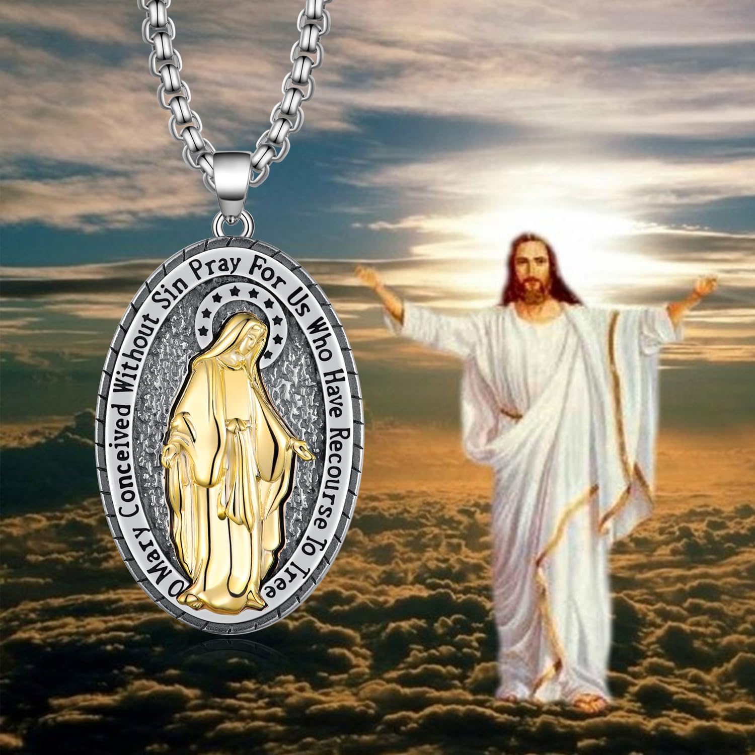 Virgin Mary Necklace for Men 925 Sterling Silver Plated 14K Yellow Gold Miraculous Medal Pendant Necklace Jewelry Gifts for Men Women 22' to 24' Chain