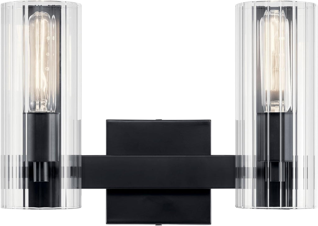 Kichler Jemsa 2-Light Bathroom Vanity Light Fixture with Clear Fluted Glass in Black, Modern Wall Mount Light for Bathroom or Powder Room (9.75' x 13.75'), 55167BK