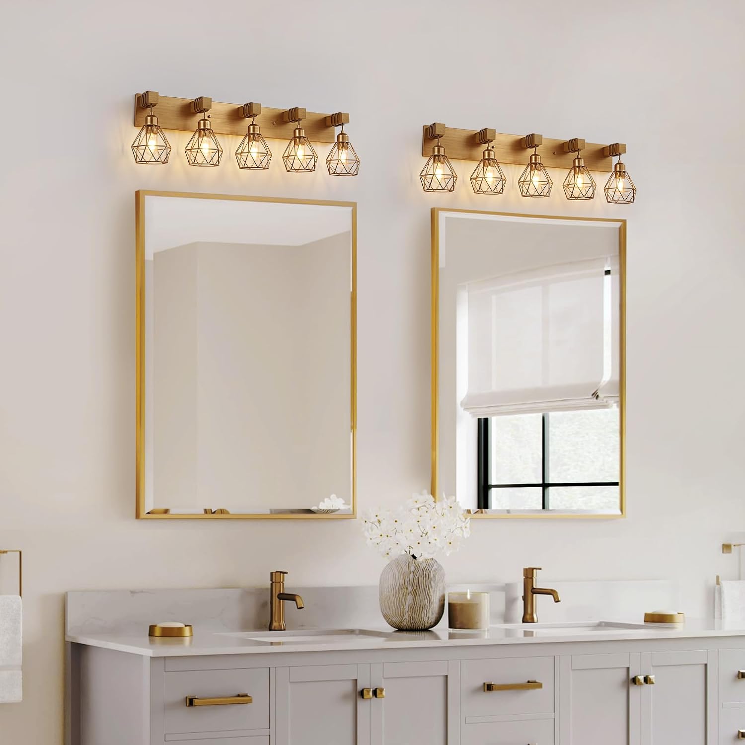 maesta Bathroom Gold Vanity Light Fixtures, 5-Light Gold Bathroom Light Fixtures Over Mirror, Sconces Wall Lighting with Elegant Metal Lampshade for Living Room, Bedroom, Hallway