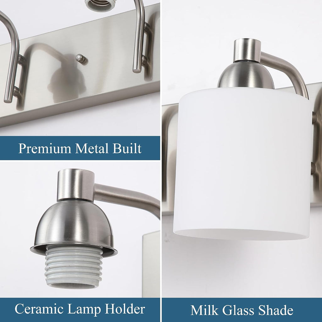 Mecgirn Stainless Steel Milk Glass Bathroom Vanity Light Over Mirror, 3 Light Brushed Nickel Bathroom Light Fixtures with Frosted Glass, Modern Vanity Lighting Wall Mount