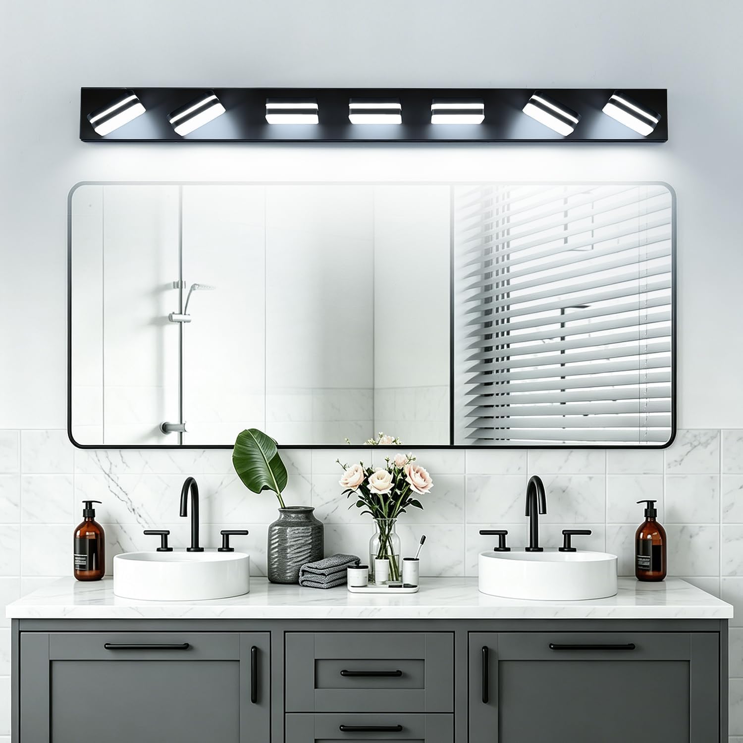 Torondo 360° Rotate LED Bathroom Vanity Light Fixtures, Acrylic Vanity Lights for Bathroom, Modern Wall Lighting Fixtures Over Mirror Living, Matte Black, Natural White, 7-Light, 46-Inch