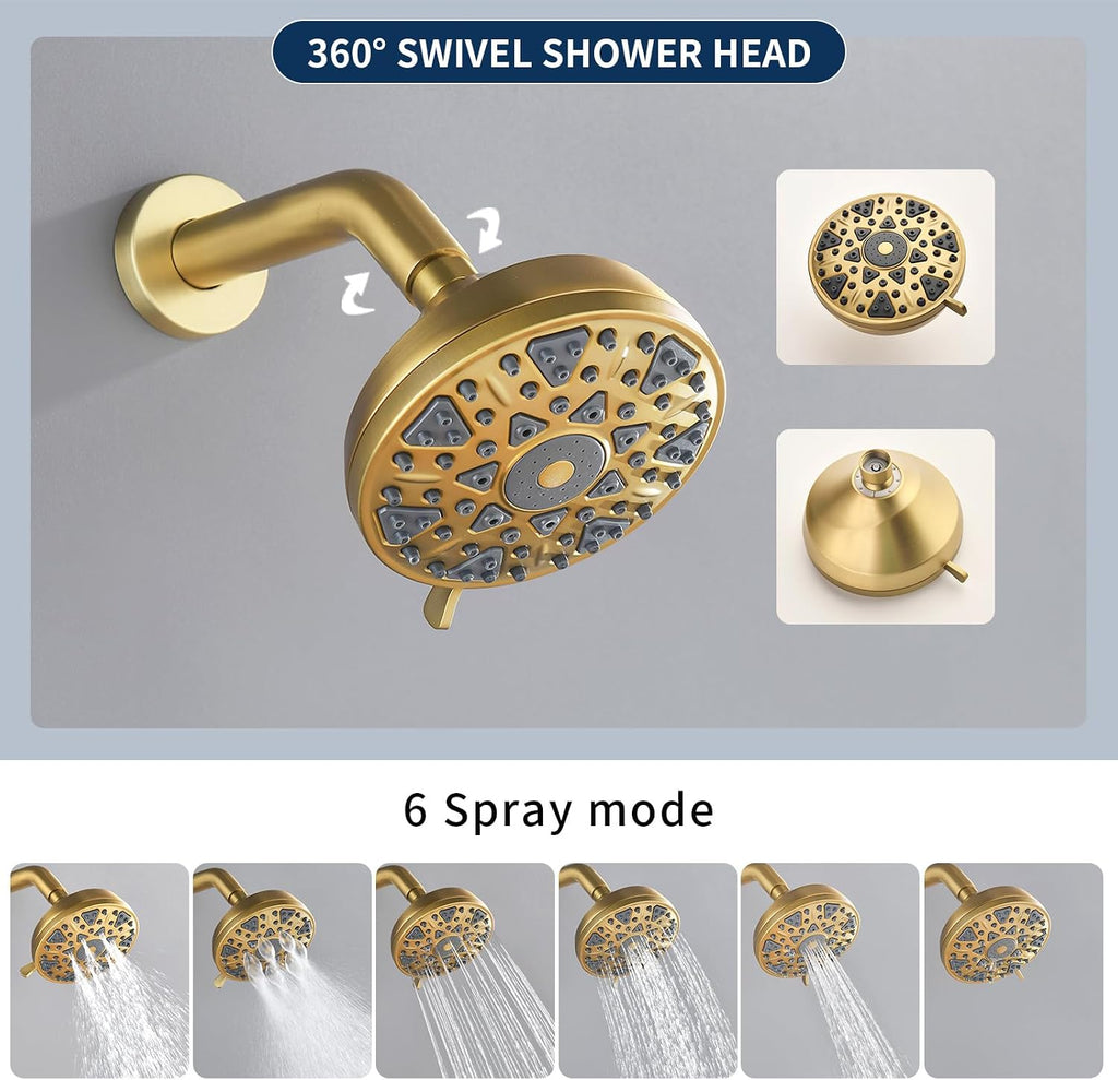 3 Handles Shower Faucet Set with Tub Spout Bathtub Shower Faucet Combo Set Shower System Complete Tub and Shower Trim Kit Brushed Gold Shower Set