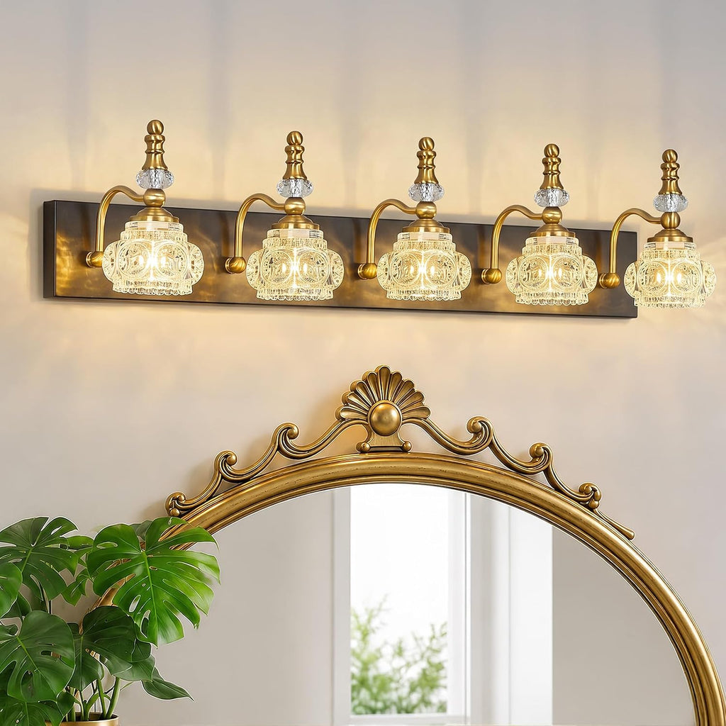 Modern Glass Crystal Vanity Light - Vintage Bathroom Lighting Fixtures Over Mirror, 5 Light Vanity Lights G9 Bulb (35.43 Inch, Black Gold)