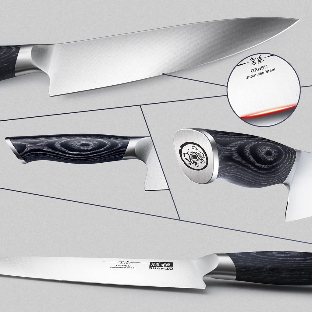 SHAN ZU Knife Sets for Kitchen with Block, Knife Block Set, Japanese Super Steel Kitchen Knife Sets with Removable Block & K133 Ergonomic Handle, Black Tortoise Genbu Series
