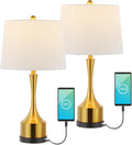 JONATHAN Y 26' Brass Gold Table Lamp Set of 2 with USB Charging Port, French Country Bedside Lamps for Living Room Bedroom Decor, White Linen Shade, LED Bulbs Included JYL4045A-SET2