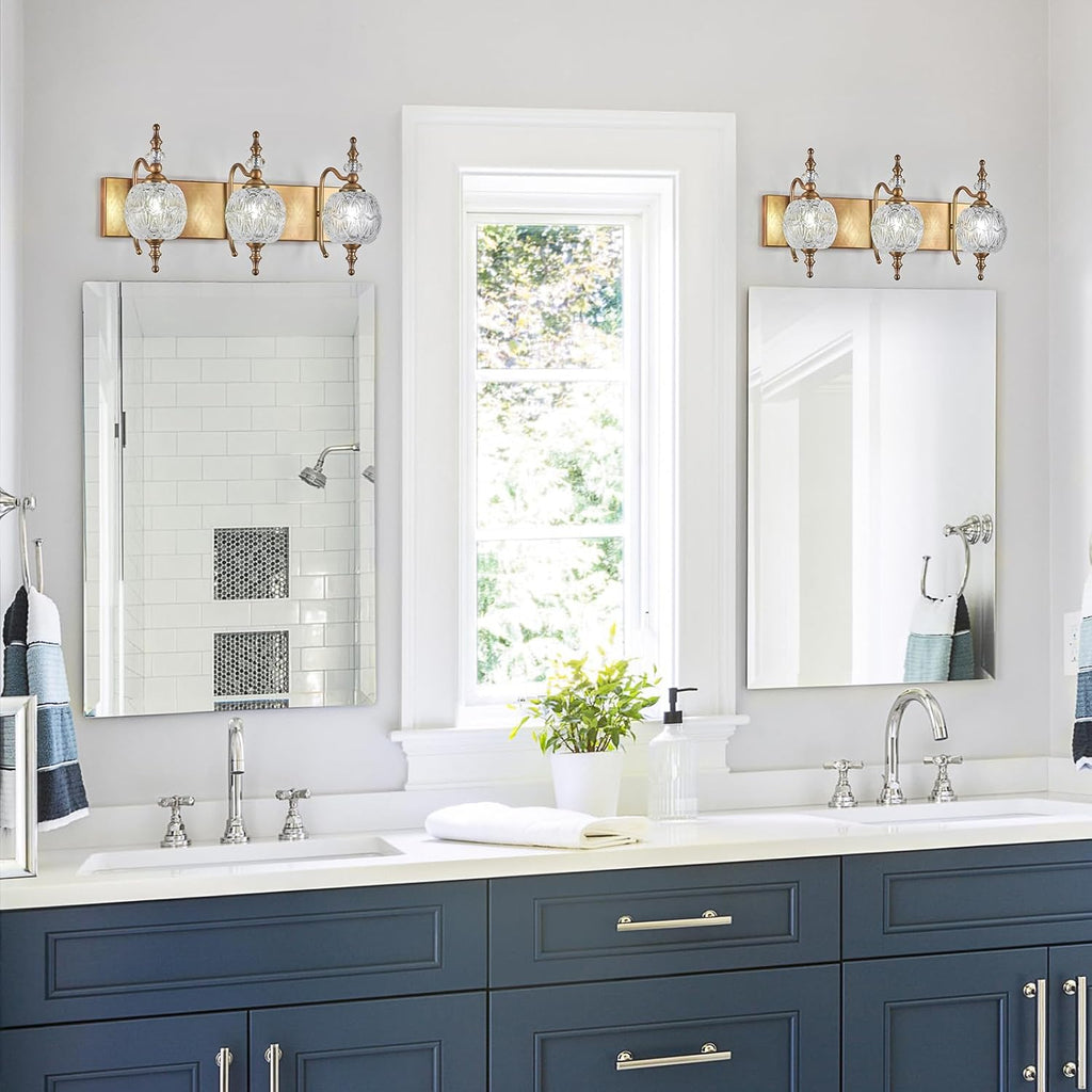 Vintage Bathroom Vanity Light Fixtures, 3 Lights Bathroom Wall Sconce Lighting Matte Brushed Antique Brass Finish with Crystal Glass Shade, Vintage Vanity Light for Bathroom Bedroom
