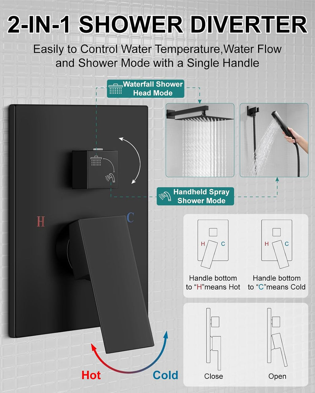 Shower Faucet Set Rainfall Shower System with Square Showerhead and Handle Set Fixture with 2 in 1 Function Handheld Sprayer Wall Mounted Trim Repair Kit Rough-in Valve 12 Inch Matte Black