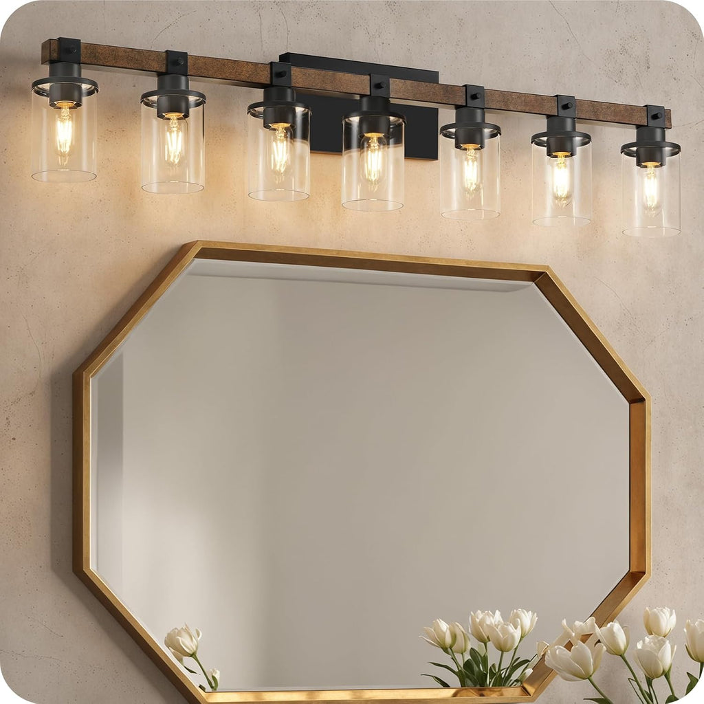7-Light Bathroom Light Fixture, Farmhouse Vanity Lights for Bathroom with Glass Shade, Rustic Bathroom Light Fixtures, E26 Base F16BD05