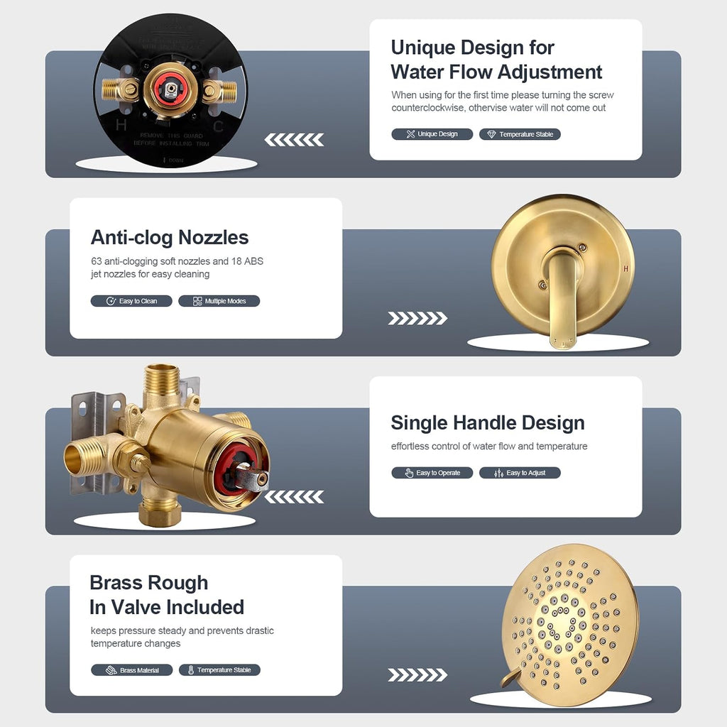 Shower Faucet with Valve, Bathroom Shower Faucet Kit, Solid Brass Shower Head Faucet Set Complete, Single Handle Rain Shower Head Trim Kit for Bathroom, Brushed Gold