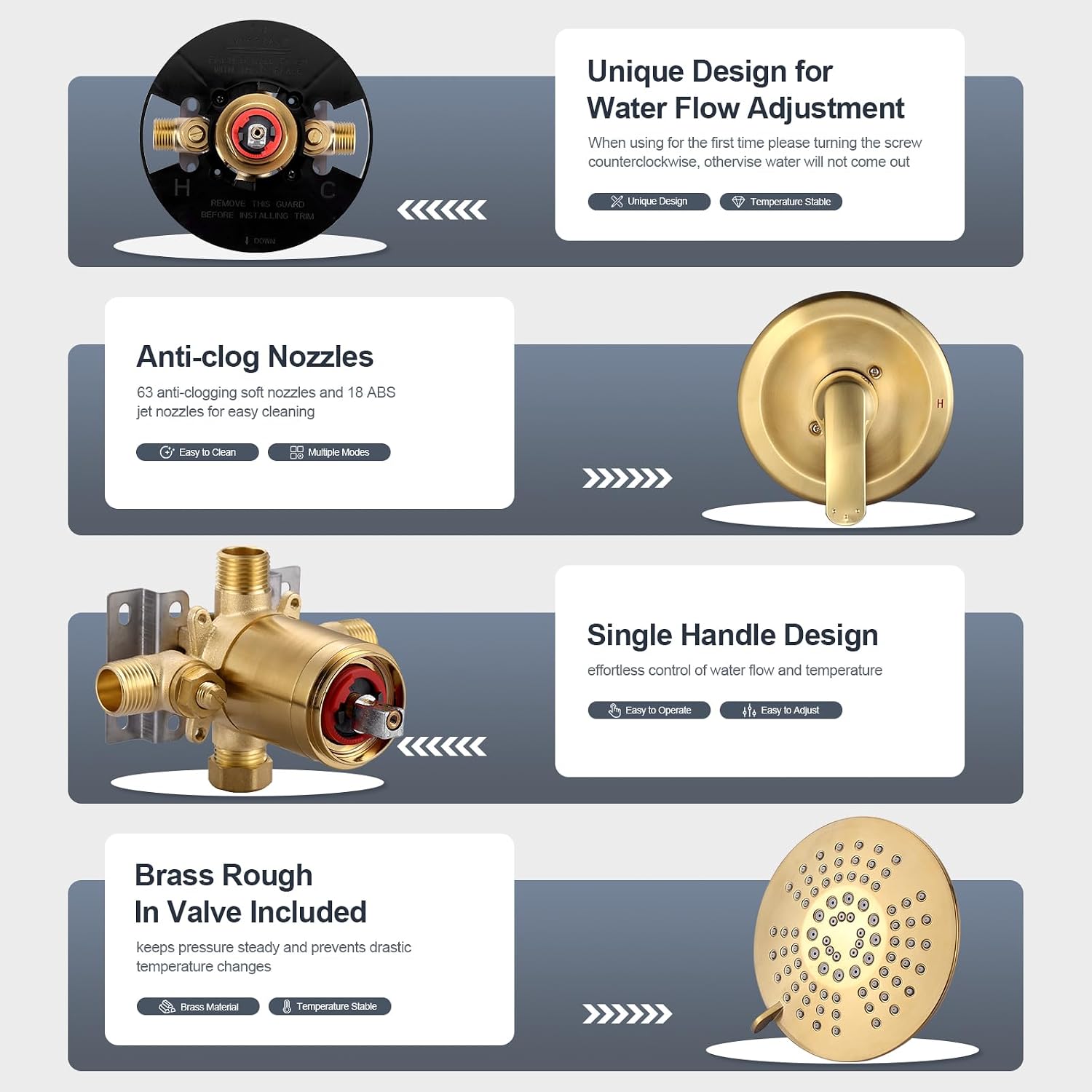 Shower Faucet with Valve, Bathroom Shower Faucet Kit, Solid Brass Shower Head Faucet Set Complete, Single Handle Rain Shower Head Trim Kit for Bathroom, Brushed Gold