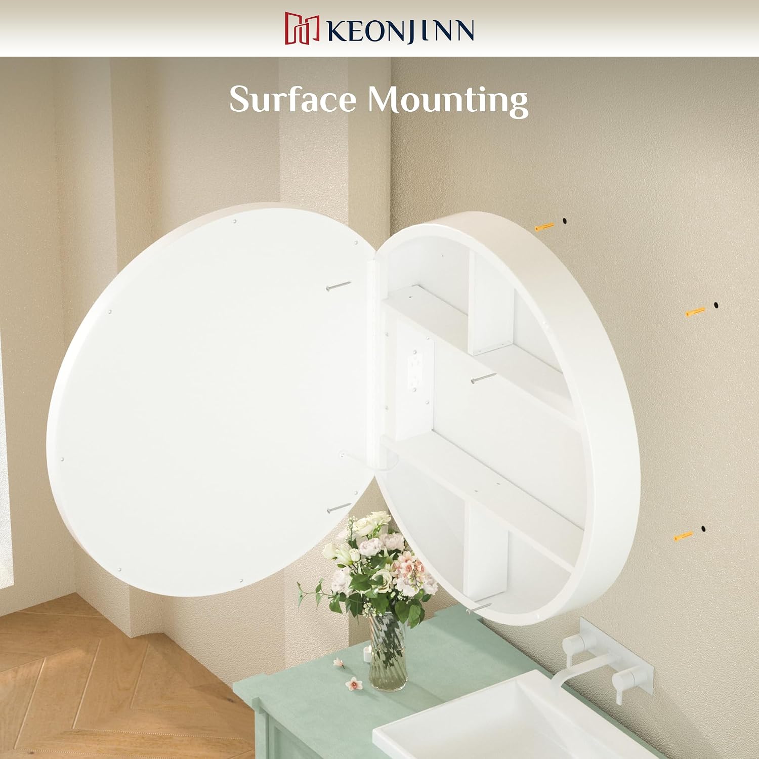 Keonjinn 30 Inch Round Lighted Medicine Cabinet, White LED Medicine Cabinet Mirror, Circle, Electrical Outlet, 3 Color Lights, Anti-Fog, Dimmable, Surface Mount Only