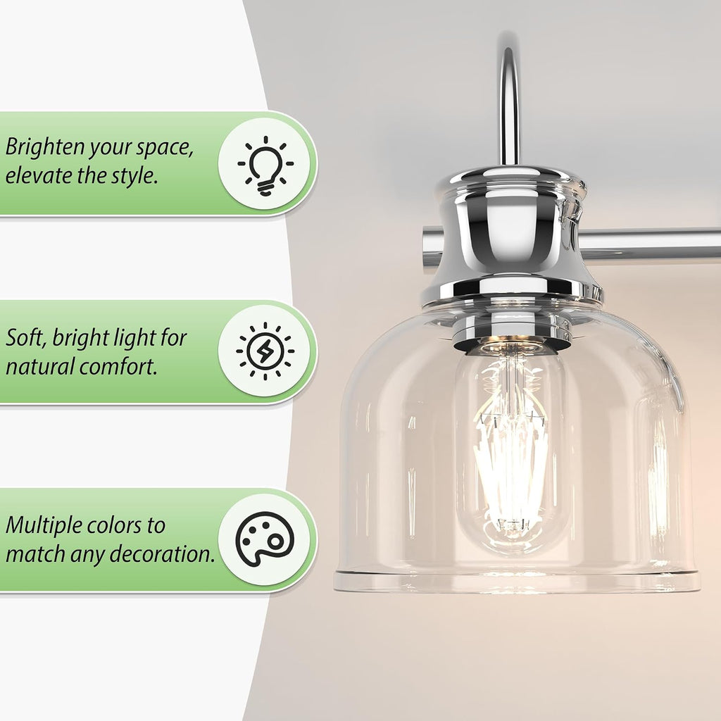 4 Lights Bathroom Vanity Light Fixtures, Chrome Traditional Classic Vanity Light with Clear Glass, Bathroom Lighting Fixtures Over Mirror