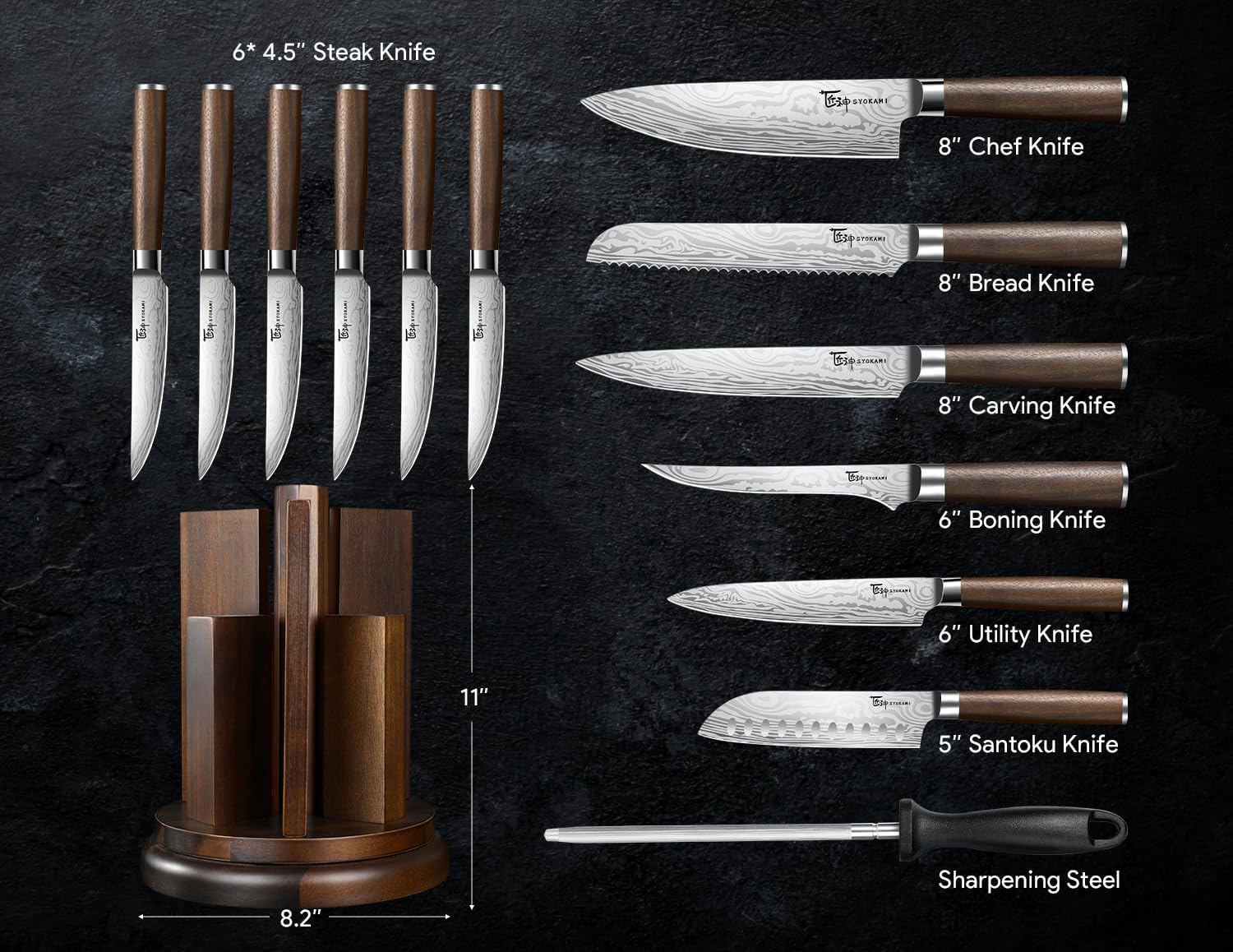SYOKAMI 2026 Upgrade Knife Set 14 Piece Japanese Style Kitchen Knife Set With 360° Rotatable Magnetic Block, High Carbon Stainless Steel Knives Sets with Steak Knives and Sharpener, Ideal for Gift
