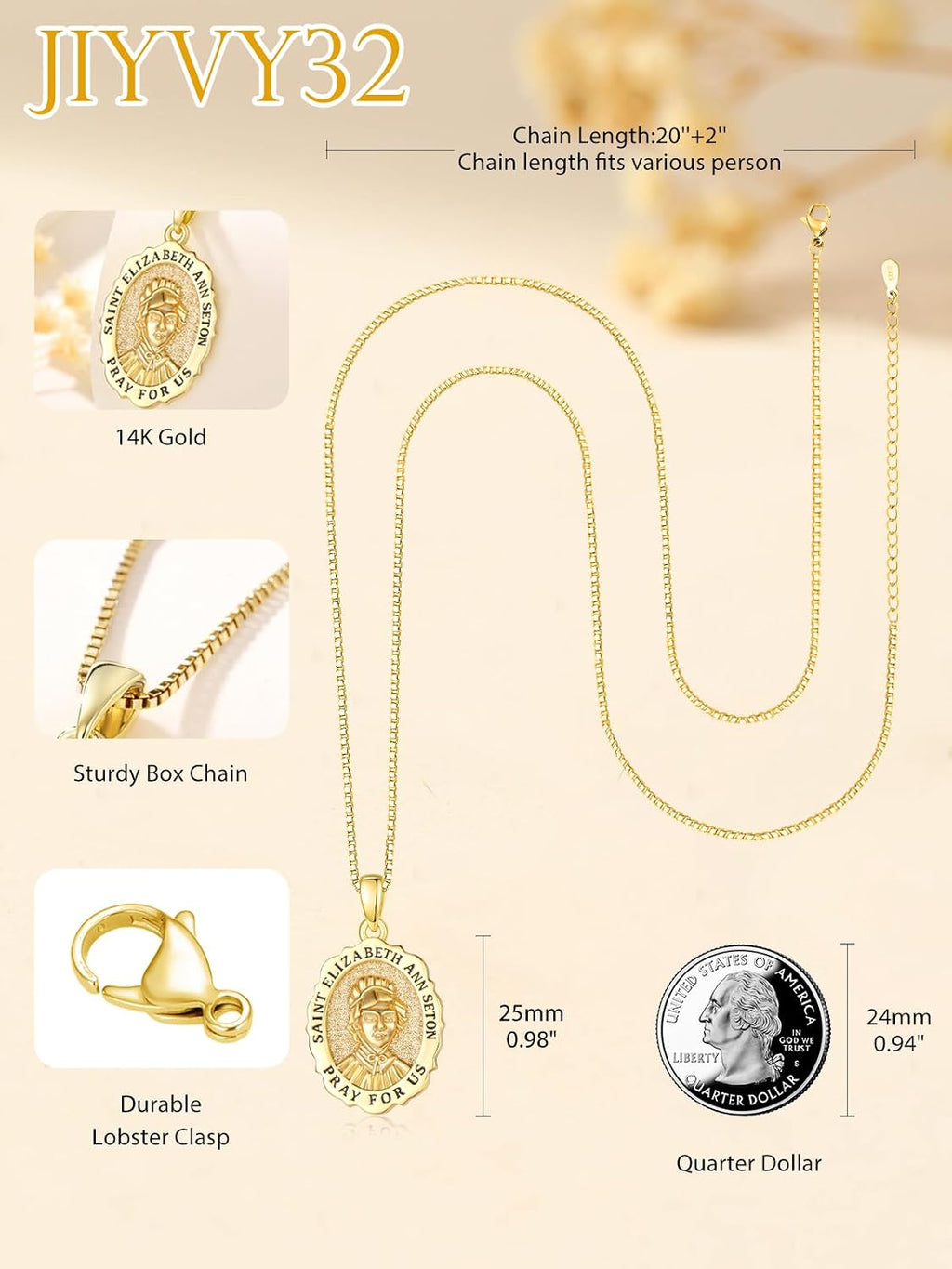14K Gold Saint Medal Necklace for Women, Catholic Patron Saint Pendant Necklace, Christian Religious Jewelry Gift for Confirmation Baptism Communion Christmas Birthday