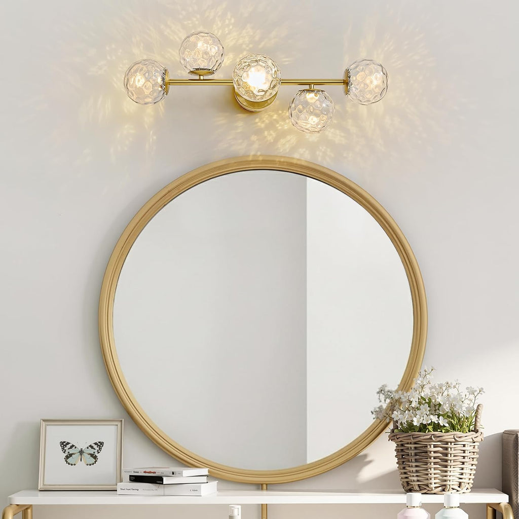 LED Bathroom Vanity Light Fixtures: 3000K Modern Gold Brush Brass 5 Lights Wall Sconce - 20W Dimmable Midcentury Vanity Light with Hammered Clear Globe Bubble Glass Shade for Bathroom Hallway Bedroom
