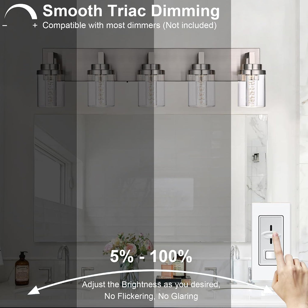 MELUCEE LED Vanity Light Bar 5-Light Bathroom Vanity Light Modern 25W Bath Lamps Over Mirror Brushed Nickel Bathroom Wall Lighting Fixtures with Clear Glass Shade Bubble Crystal Restroom Lighing