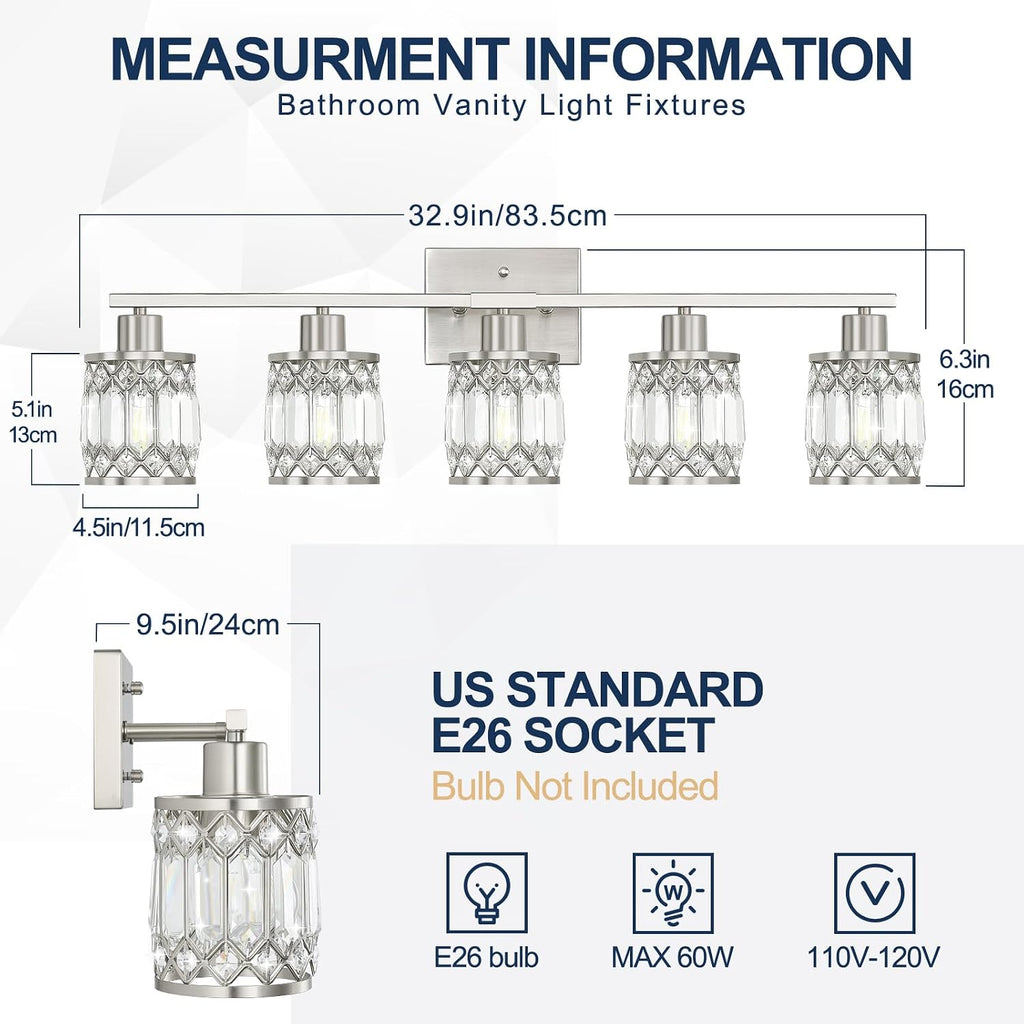 Crystal Modern Bathroom Light Fixtures, 5-Light Brushed Nickel Bathroom Vanity Wall Light, Vanity Lights for Mirror, Restroom, Bedroom (E26 Socket, Bulbs Not Included)