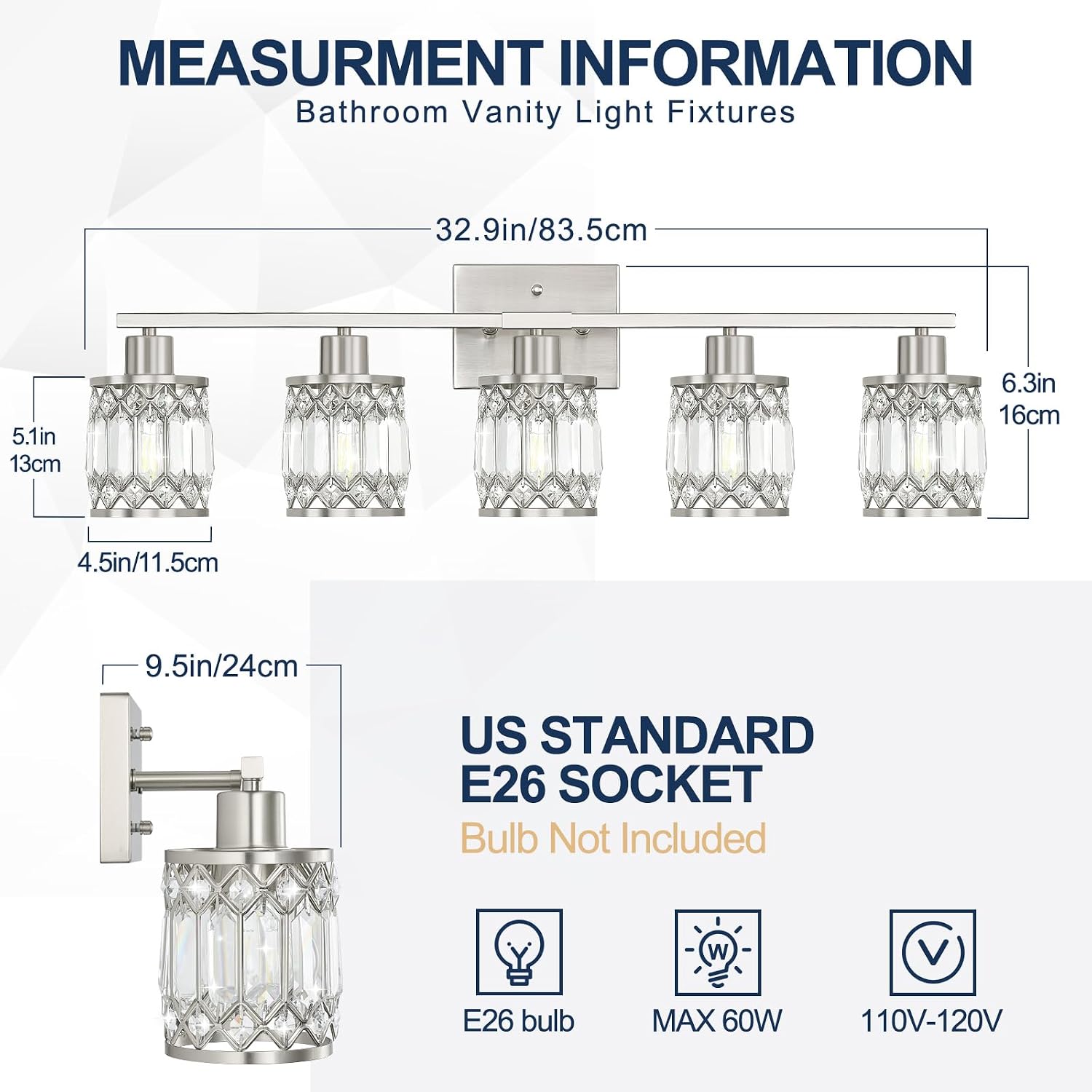 Crystal Modern Bathroom Light Fixtures, 5-Light Brushed Nickel Bathroom Vanity Wall Light, Vanity Lights for Mirror, Restroom, Bedroom (E26 Socket, Bulbs Not Included)