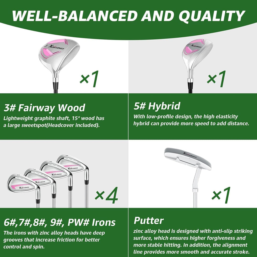 XDriveMax 7-Piece Complete Golf Clubs Set for Men & Women (Left/Right Hand), Advanced Performance Set with Fairway Wood, Hybrid, Irons and Putter, Regular Flex (No Golf Bag Included)