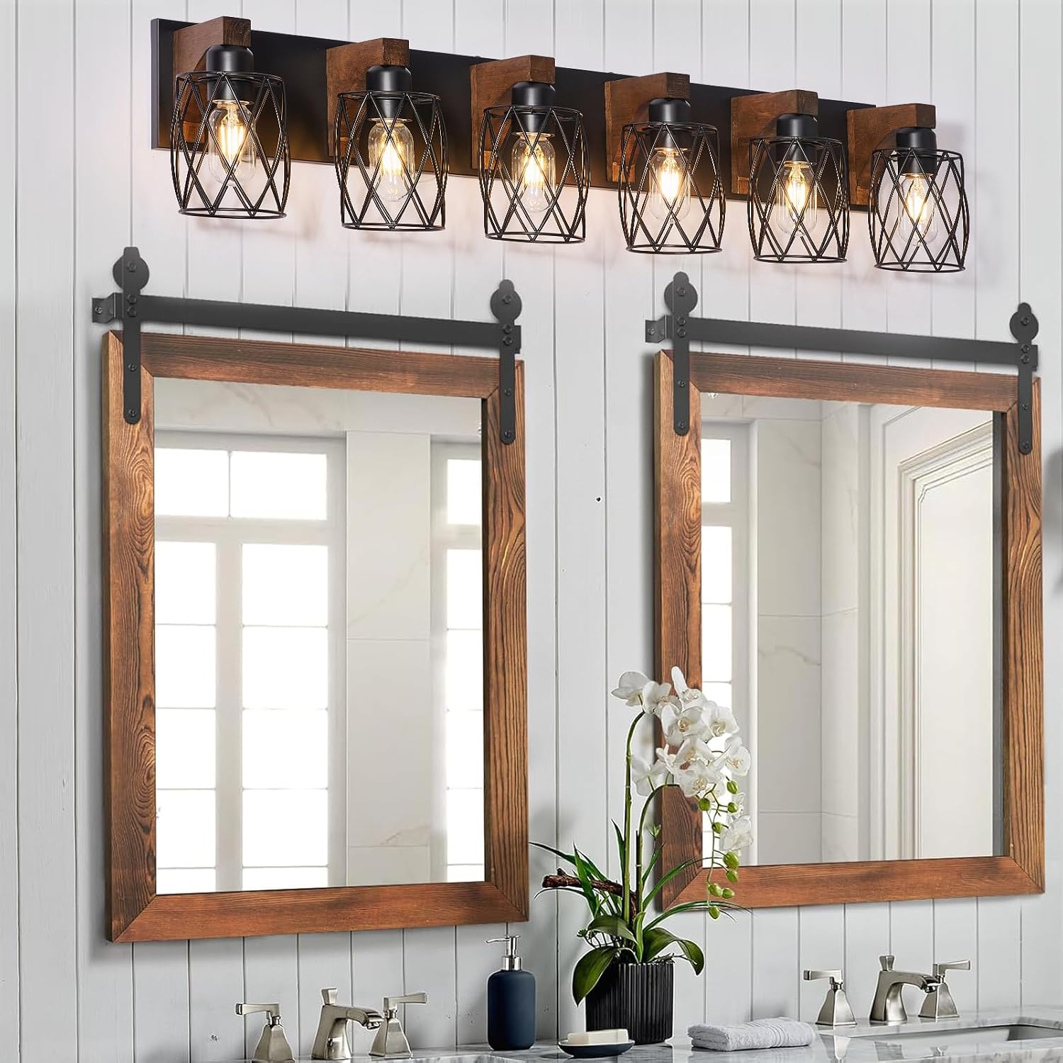 6-Light Farmhouse Vanity Light Fixtures Over Mirror, Black with Cage Metal Shade, Vintage Rustic for Bathroom, Hallway