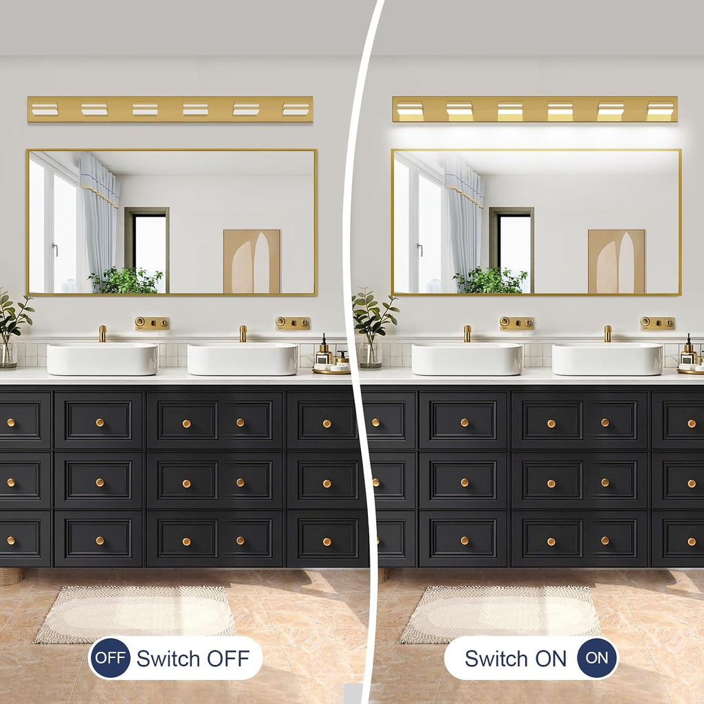 SineRise LED Modern Bathroom Vanity Light Fixtures (6-Light, 48-Inch, Dimmable), Brass Modern Acrylic Bathroom Wall Lighting Fixtures Over Mirror (Cool White 6000K)