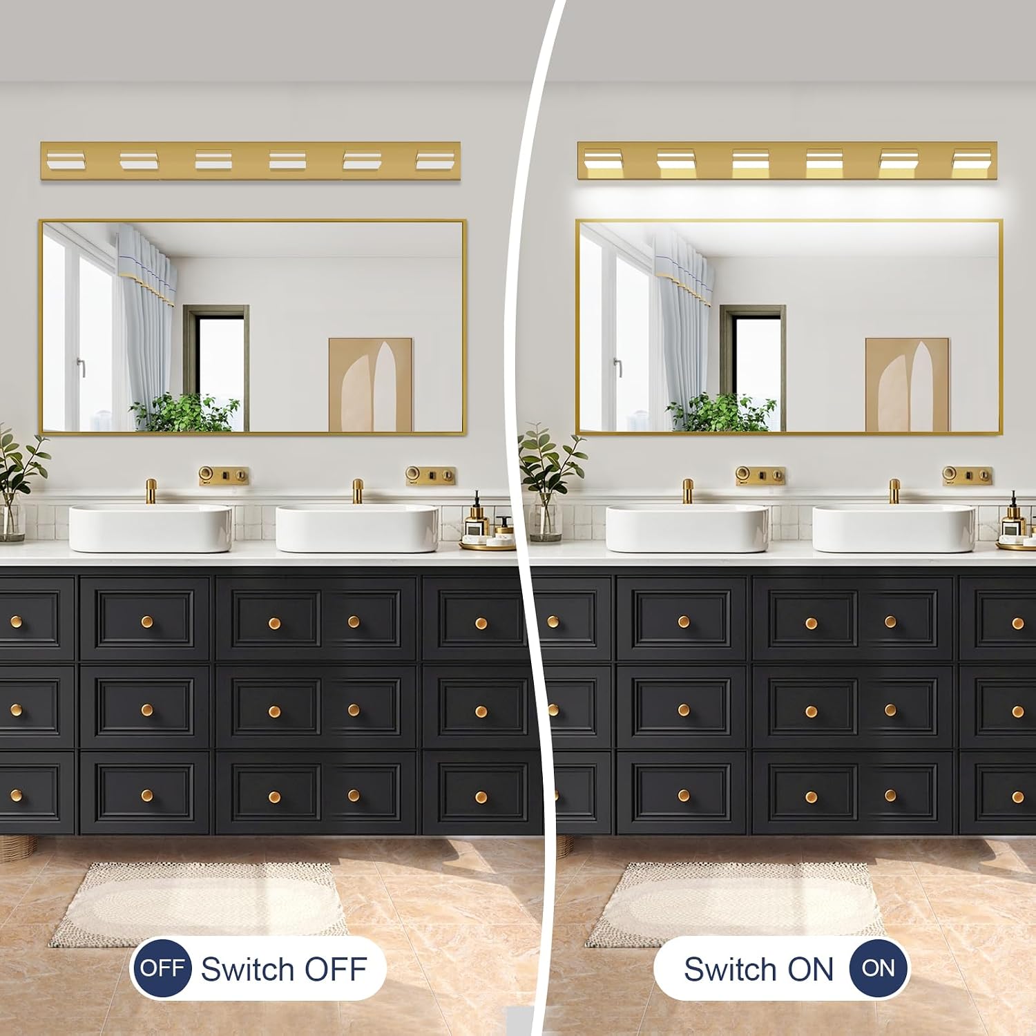 SineRise LED Modern Bathroom Vanity Light Fixtures (6-Light, 48-Inch, Dimmable), Brass Modern Acrylic Bathroom Wall Lighting Fixtures Over Mirror (Cool White 6000K)