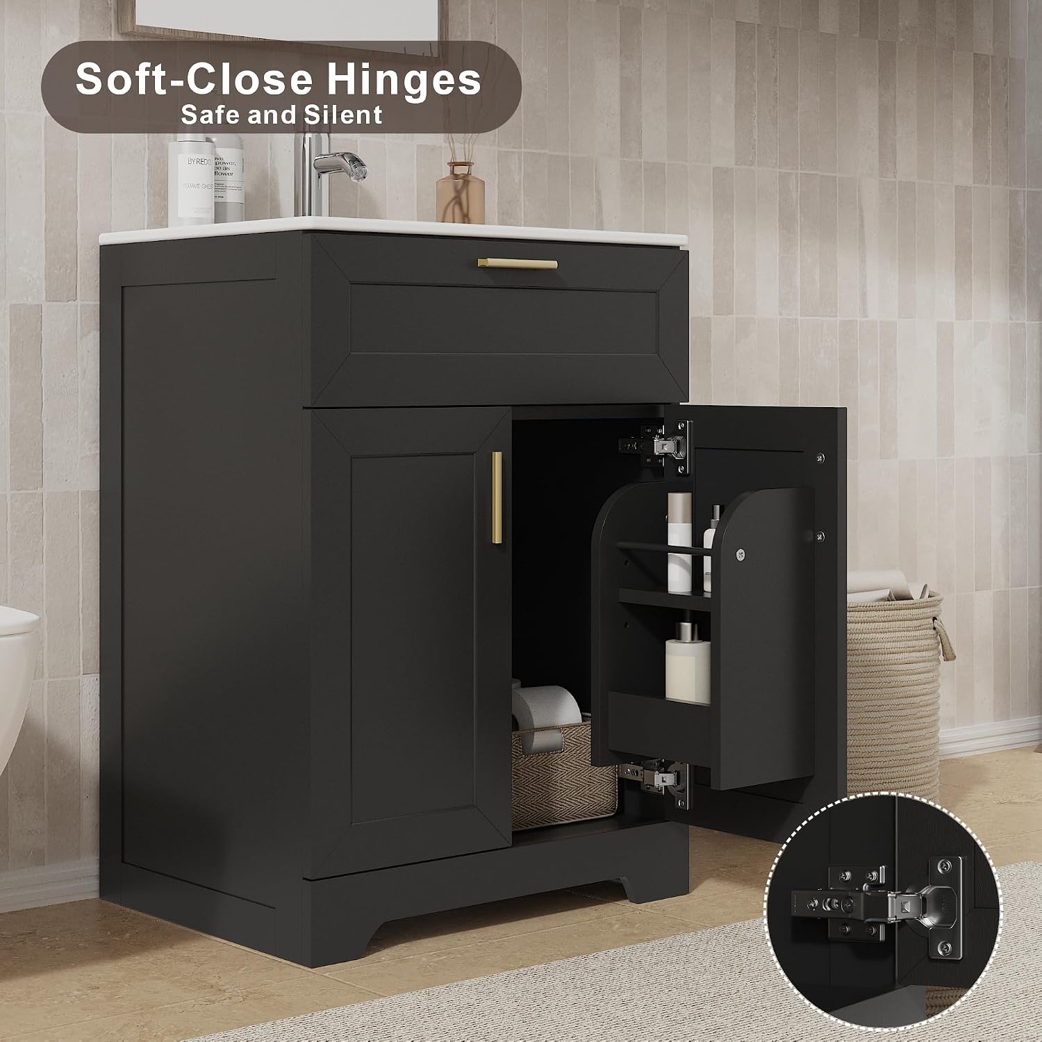 KIGOTY 24' Modern Bathroom Vanity with Ceramic Sink, Wooden Bathroom Storage Cabinet and Sink Combo Set, Freestanding Vanity Sink Cabinet with Faucet, Drawer and Soft-Closing Door (Black)