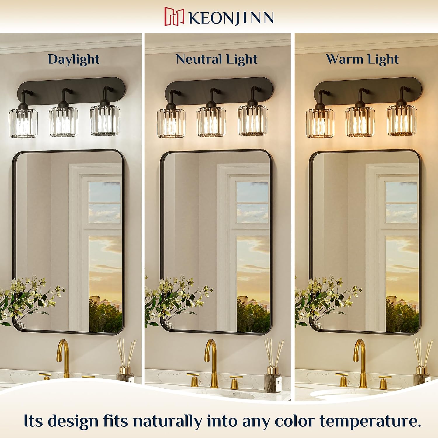 Keonjinn 4-Light Bathroom Light Fixtures, Crystal Black Bathroom Vanity Lights Over Mirror, Vanity Lighting Fixtures with Crystal Square Shades (E26 Socket, Exclude Bulb)