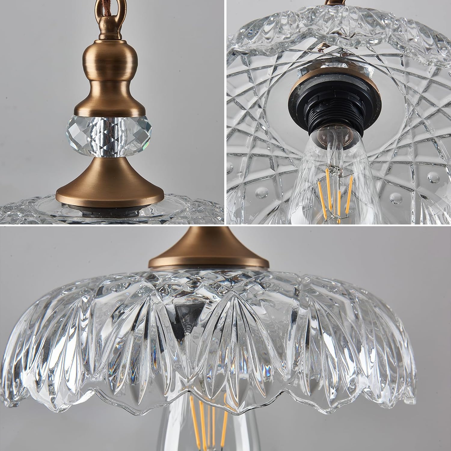 CVKASH Vintage Glass Pendant Light Fixture 3-Pack Brass Modern Adjustable Chandelier Farmhouse Hanging Ceiling Light for Hallway Porch Kitchen Bedroom Coffee Shop Dining Room