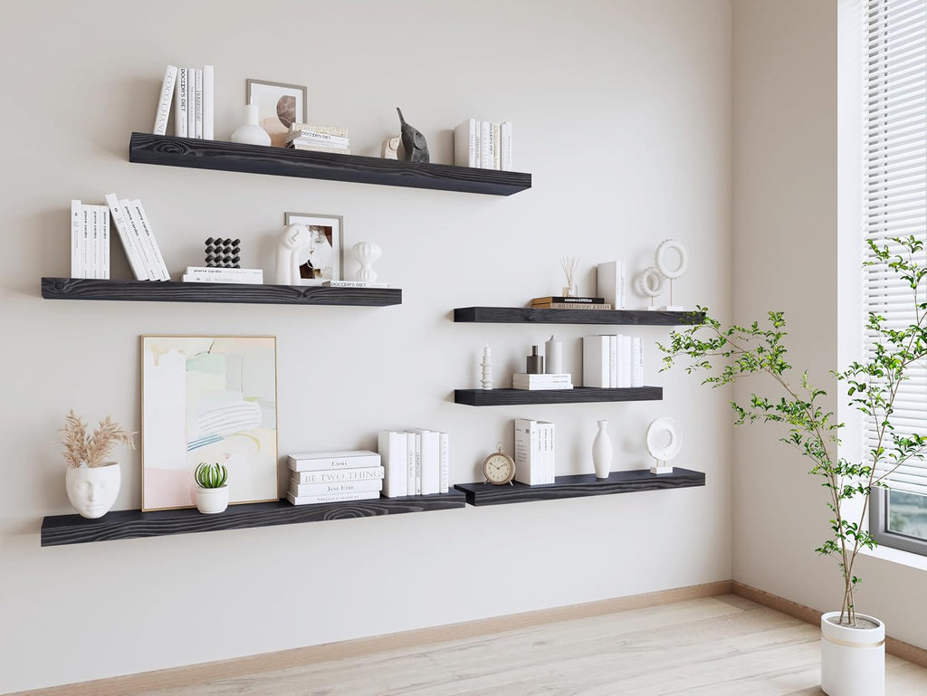Wood Floating Shelves Set of 2, 36 Inch Long, 8 Inch Deep Solid Wood Wall Mounted Shelves for Living Room Kitchen, Book Shelf for Wall with Hidden Bracket - Black