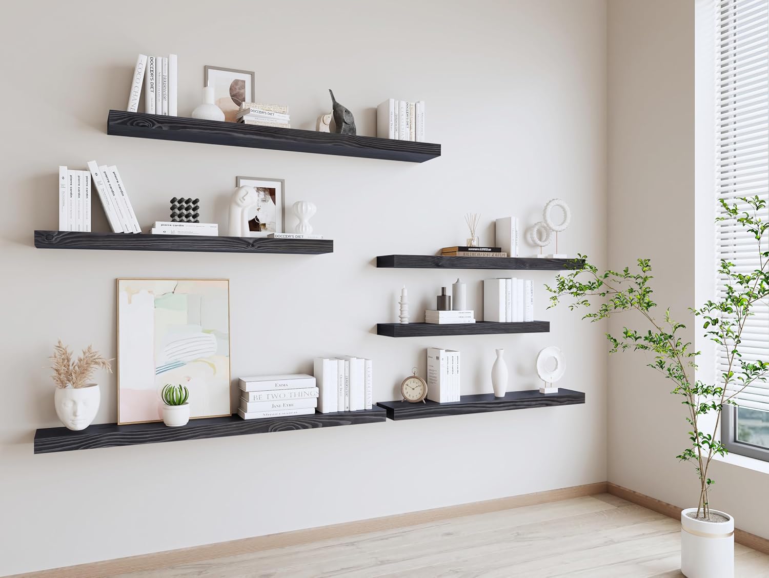 Wood Floating Shelves Set of 2, 36 Inch Long, 8 Inch Deep Solid Wood Wall Mounted Shelves for Living Room Kitchen, Book Shelf for Wall with Hidden Bracket - Black