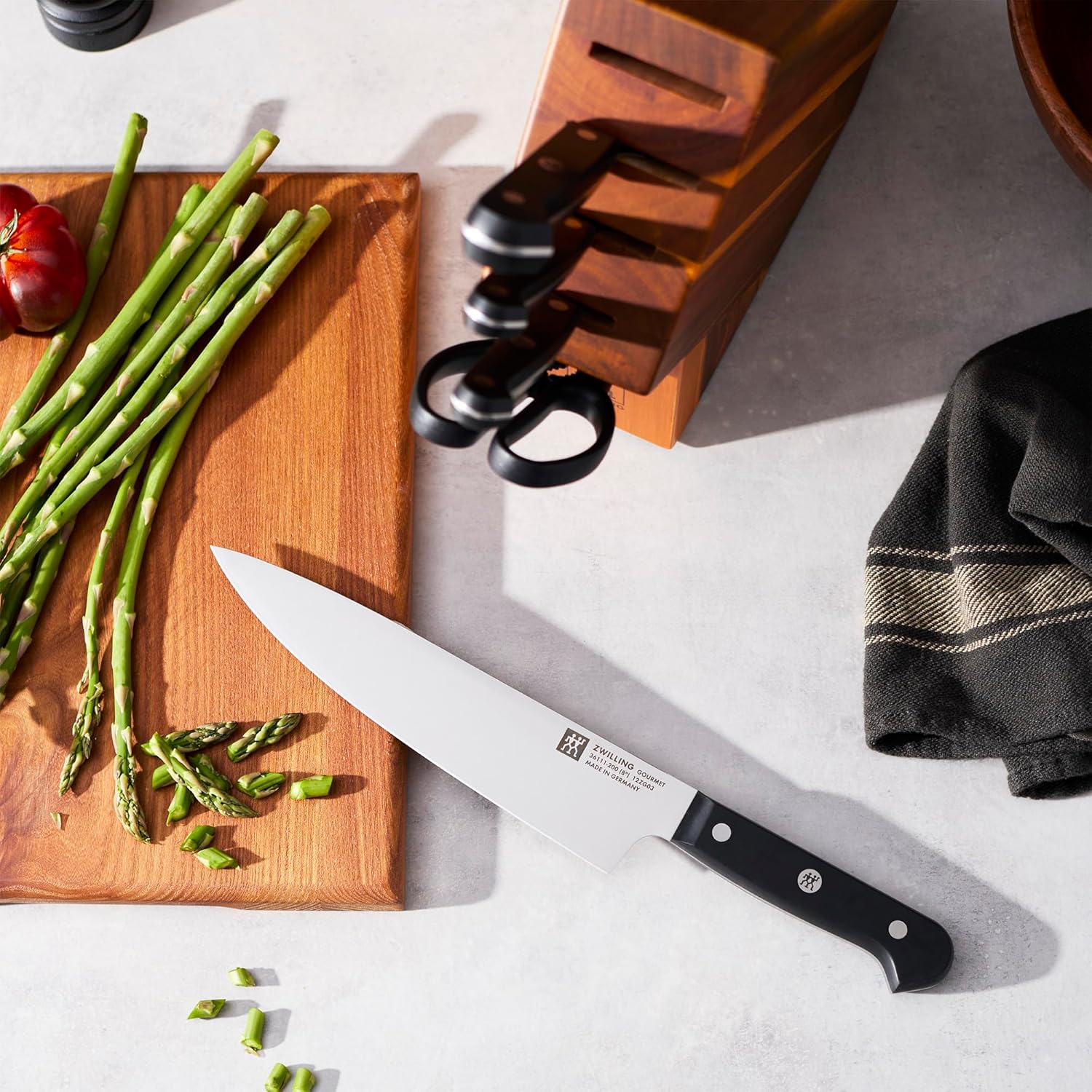 ZWILLING Gourmet 6-pc Knife Block Studio Set, 4-inch Pairing, 5-inch Serrated Utility, 6-inch Slicing, 8-inch Chef's, 5-Slot Acacia Studio Block, Shears, Made in Germany
