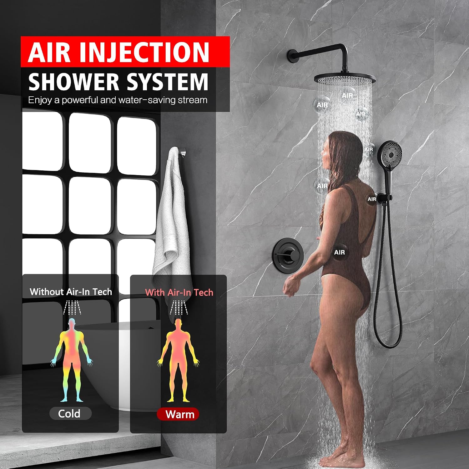 sumerain Matte Black Concealed Shower Faucet Set, Rain Shower System with 10 Inch Shower Head,Shower Fixtures with Handheld Spray Included Valve and Trim Kit