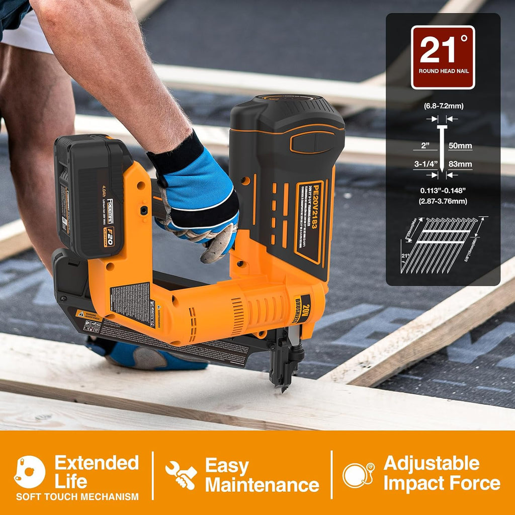 Freeman F20 20V Cordless 21 Degree 3-1/4' Framing Nailer - Brushless Motor, Dual Firing Mode, Tool-free Depth Adjust - Includes 4.0Ah Lithium Ion Battery, Charger & Bag - PE20V2183
