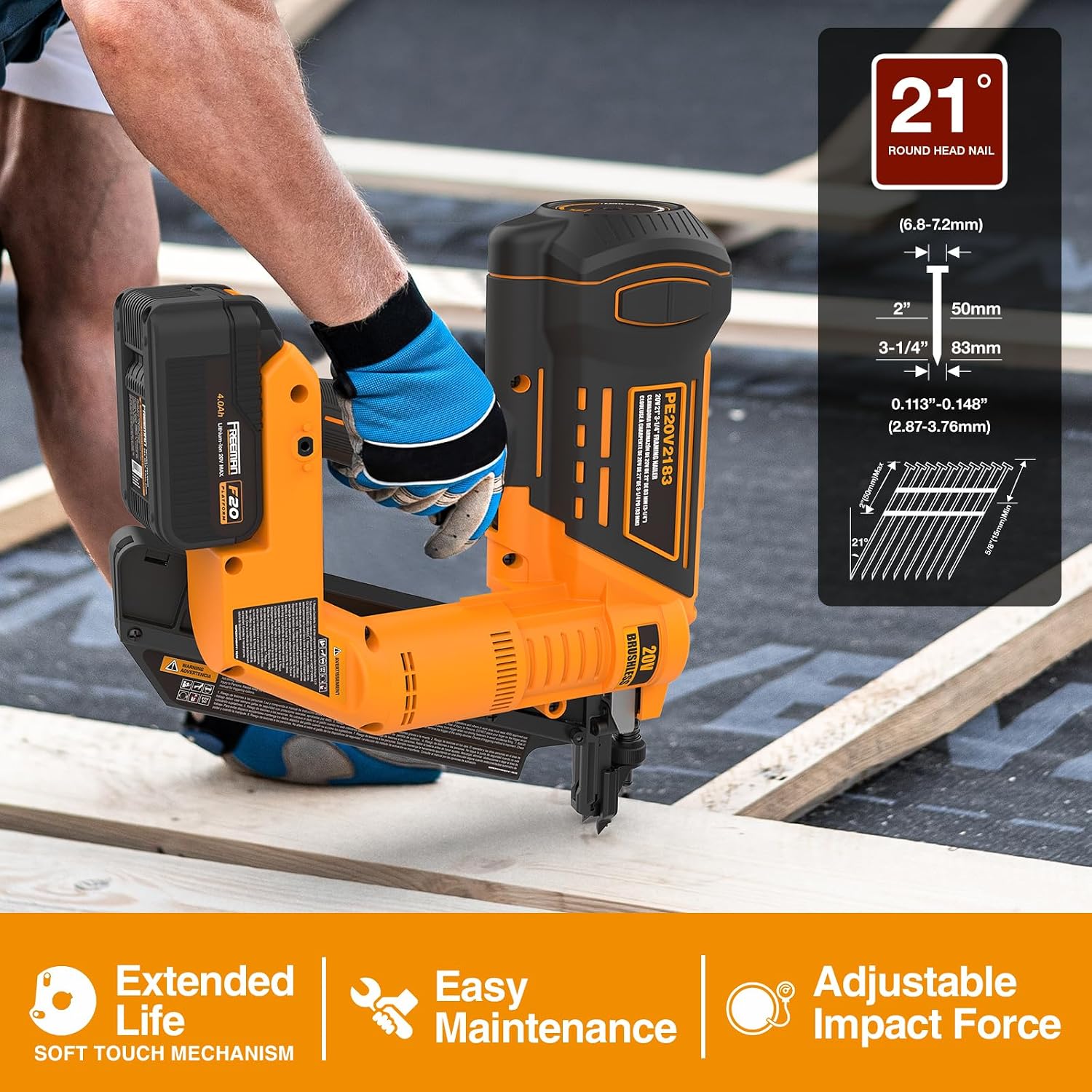Freeman F20 20V Cordless 21 Degree 3-1/4' Framing Nailer - Brushless Motor, Dual Firing Mode, Tool-free Depth Adjust - Includes 4.0Ah Lithium Ion Battery, Charger & Bag - PE20V2183