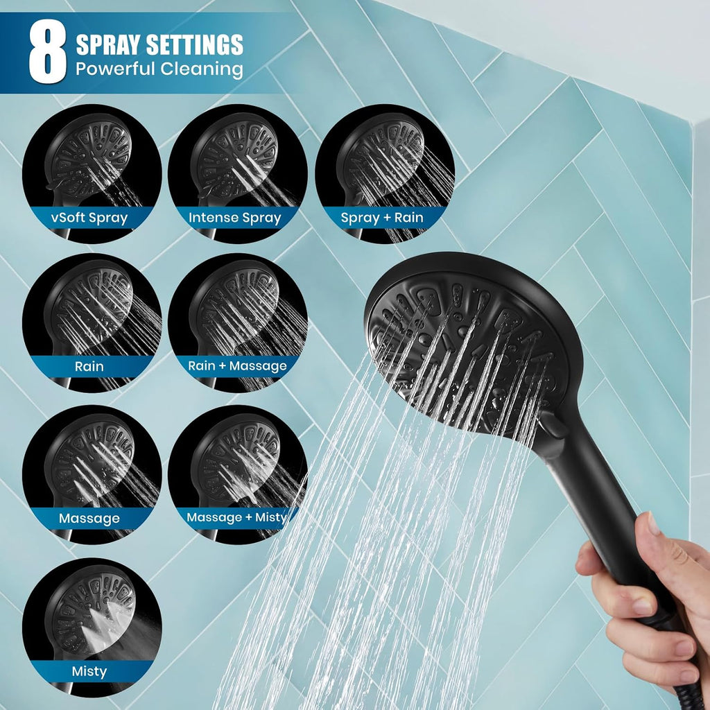 gotonovo Matte Black Exposed Shower Fixture Faucet Set Triple Function 8 Inch Rainfall Showerhead and Tub Spout Shower System Combo Unit, Multi Functional ABS Handheld