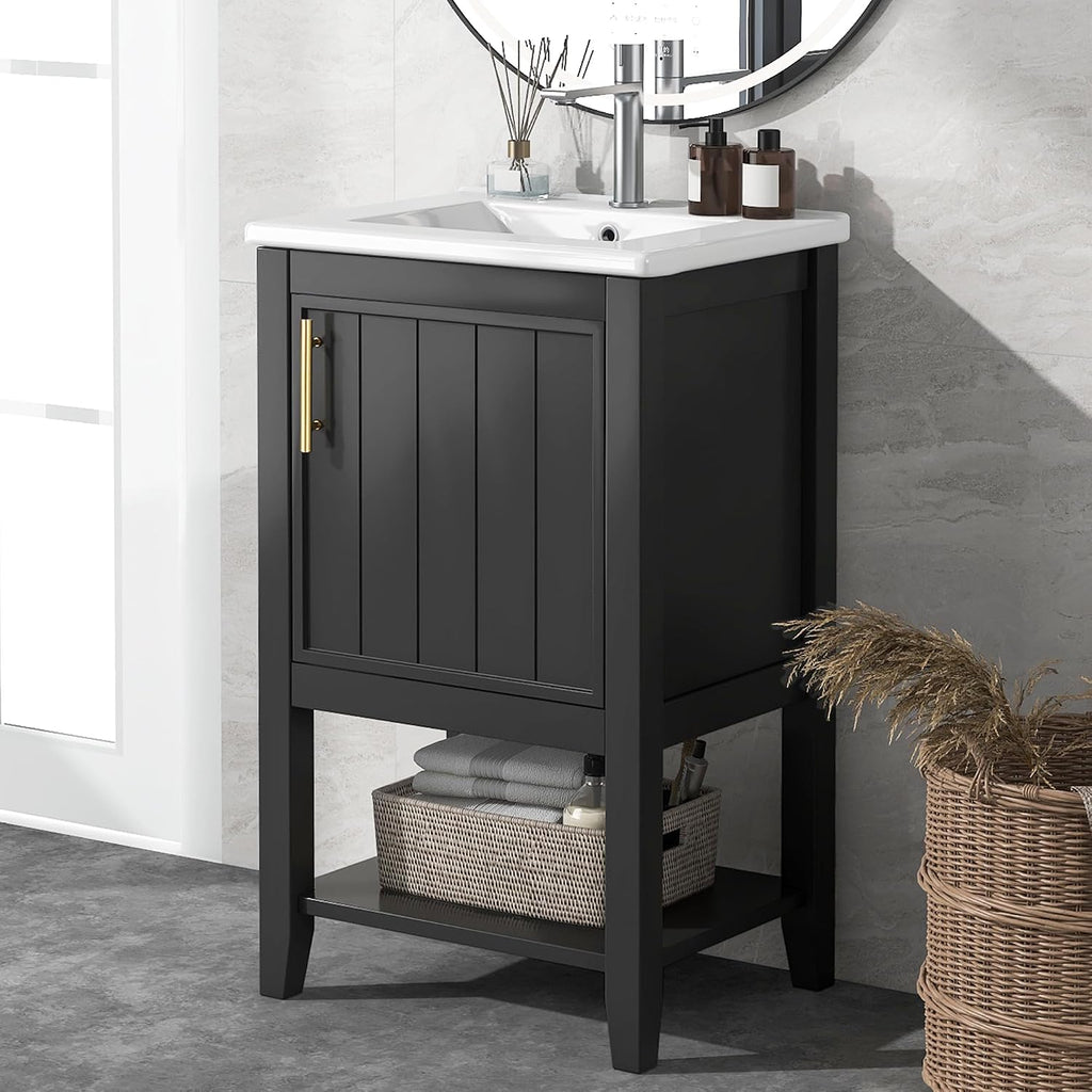 Bellemave 20' Small Bathroom Vanity with Sink, Modern Bathroom Storage Cabinet with Door and Storage Rack, Free Standing Single Basin Vanity with Open Shelf, Undermount Ceramic Sink, Black