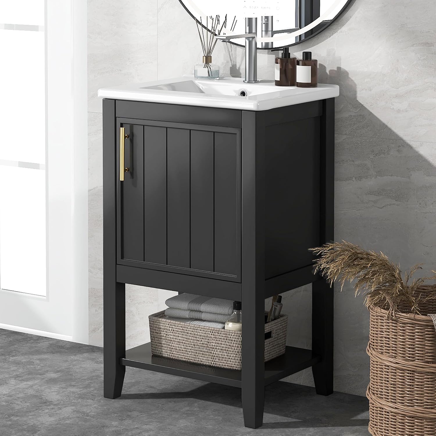 Bellemave 20' Small Bathroom Vanity with Sink, Modern Bathroom Storage Cabinet with Door and Storage Rack, Free Standing Single Basin Vanity with Open Shelf, Undermount Ceramic Sink, Black