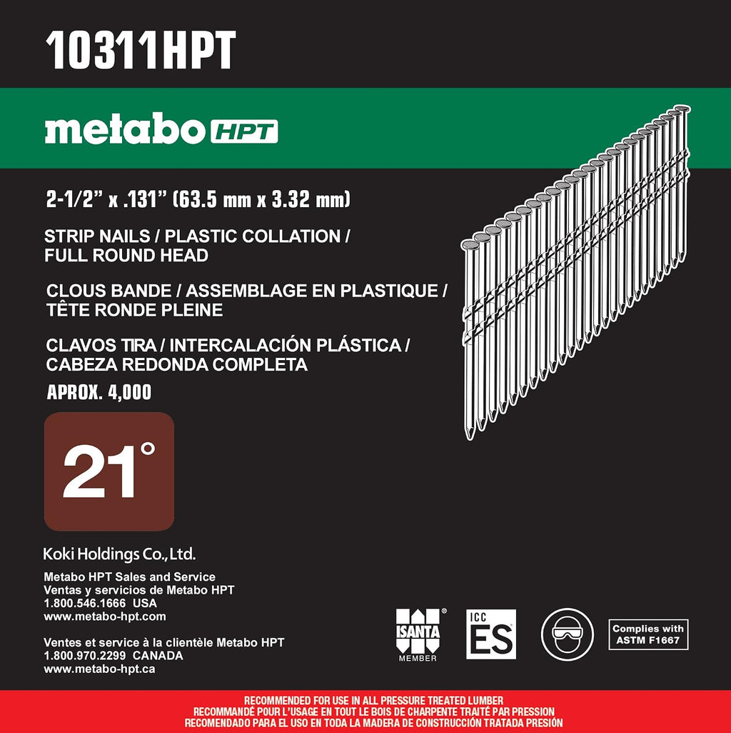 Metabo HPT Framing Nails | 2-1/2 In x .131 | 21 Degree | Full Round Head | Ring Shank | Hot Dipped Galvanized | 4,000 Count | 10311HPT