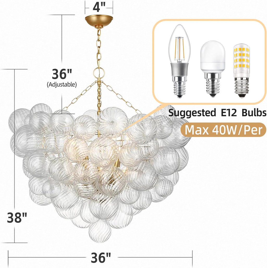 Mid Century Bubble Ball Chandeliers Dia 36 Inch Decorative Lights Swirled Ribbed Glass Clear Blown Glass Globe Chandelier Large Pendant Light Fixture for Bedroom Dining Room Over Table