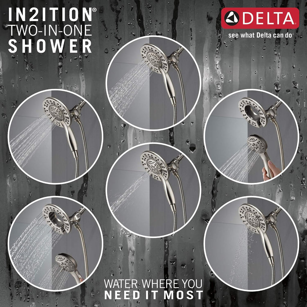 Delta Arvo 14 Series Brushed Nickel Shower Faucet Set with In2ition 2-in-1 Dual Shower Head with HandHeld Spray Combo, Valve Trim Kit, SpotShield Stainless 142840-SP-I (Valve Included)