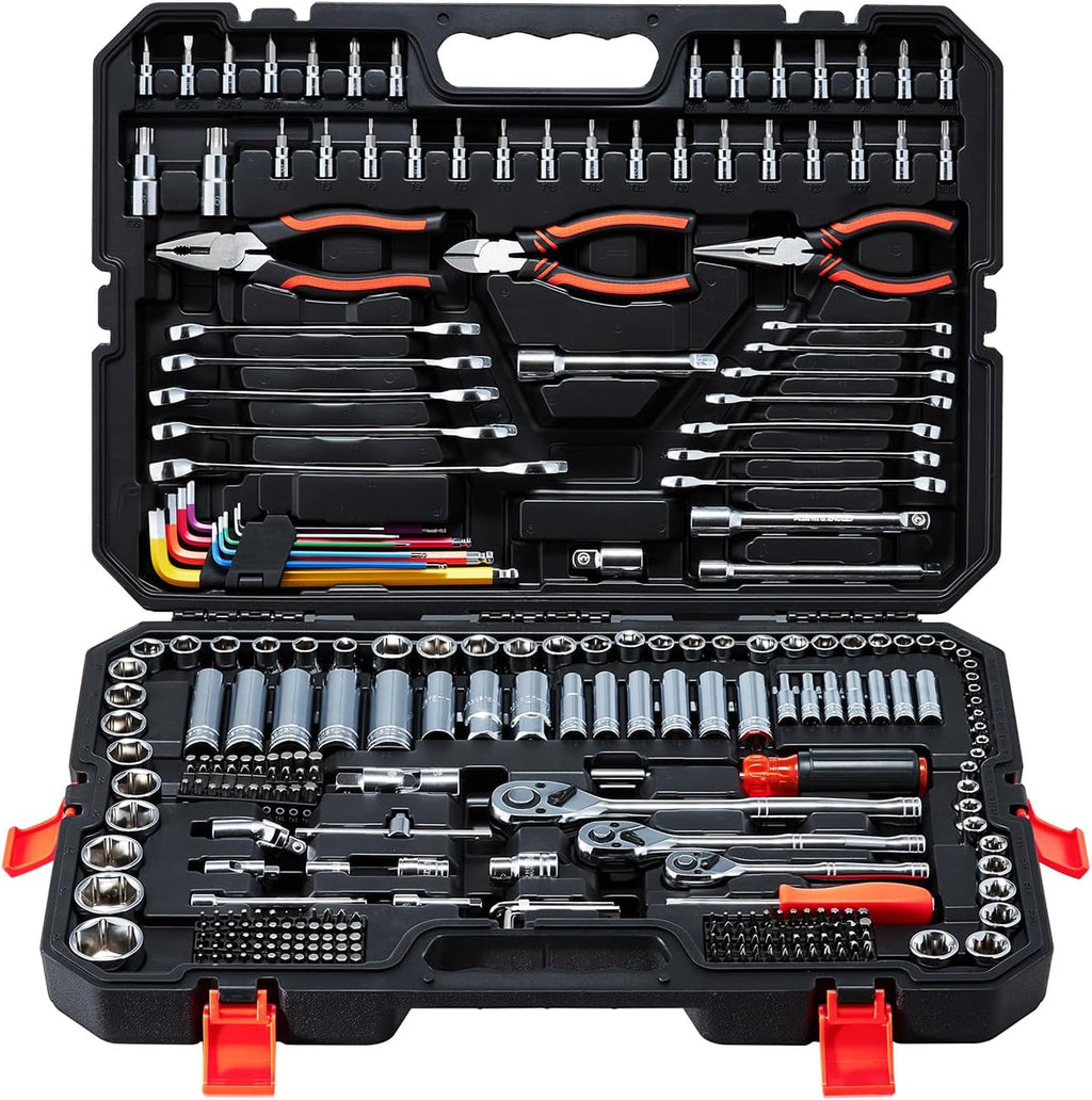 VEVOR Mechanics Tool Set, 314-Piece Mechanic Tool Kit, 1/4 in, 3/8 in, and 1/2 in Drive, Metric Socket Set, Wrenches, Screwdriver Bits, Accessories, and Storage Case, for Automotive and Home Repair